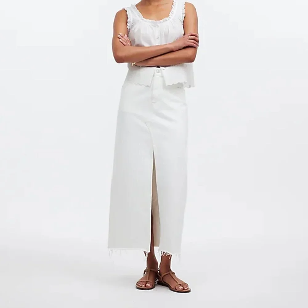 Madewell The Rilee Cotton Denim Midi Skirt Raw Hem White Size 32 NWT